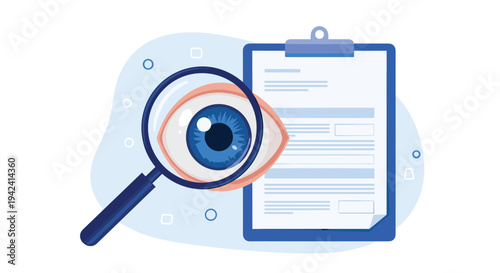 Medical vision check or legal investigation concept with a magnifying glass over a human eye looking at a document.