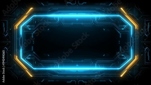 Futuristic blue HUD neon light frame with digital tech details and circular scanning interface on a dark background for scifi and cyberspace concepts.