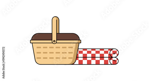 Flat illustration of a wicker picnic basket with a brown lid and handle accompanied by a rolled red and white checkered picnic blanket
