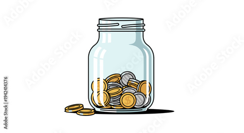 Vector illustration of a clear glass jar filled with coins and two coins spilling out symbolizing savings and wealth on a white background with subtle shadows