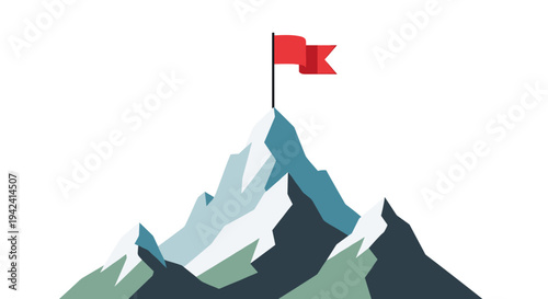 Minimalist mountain peak with flag on top symbolizing achievement and success in nature