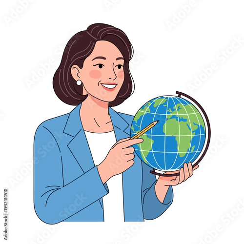 Smiling female teacher pointing at globe, geography lesson, education concept