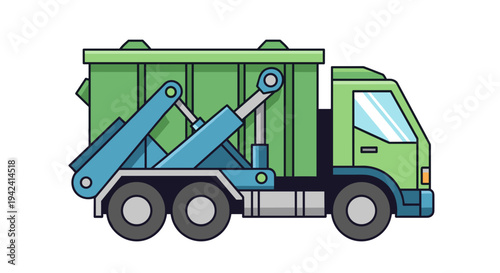 Vector illustration of a green recycling truck with blue lift arm side view eco friendly waste collection vehicle