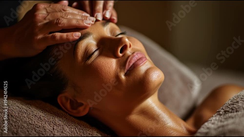Close-up of a beautiful young woman with closed eyes receiving a relaxing head and temple massage from a professional therapist in a dimly lit luxury spa atmosphere.