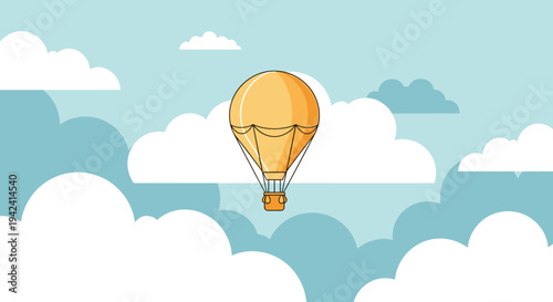 Vibrant orange hot air balloon floats serenely amidst fluffy white clouds and blue sky evoking feelings of freedom and adventure in a whimsical vector illustration
