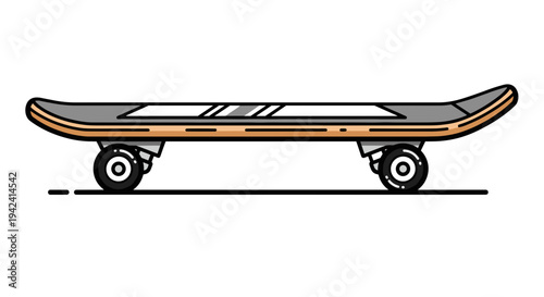 Flat vector illustration of a skateboard with black wheels and wooden deck on white background