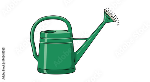 Green metal watering can with long spout and handle isolated on white background for gardening and plant care