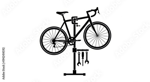 Clean graphic illustration of a bicycle on a repair stand, complete with basic tools, depicting bike service, maintenance, and a dedicated workshop environment