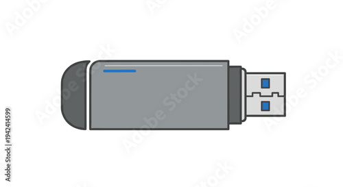 Flat vector illustration of a usb flash drive icon with gray body and blue accents on white background for technology and data storage concepts