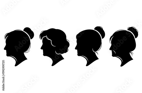 Set of elderly women profile silhouettes with different hairstyles