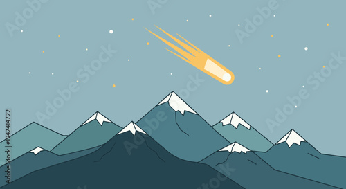 Minimalist vector illustration of a comet streaking across a starry night sky above snow capped mountains