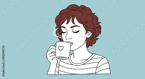 Woman sips coffee from heart shaped mug relaxed and happy short brown hair striped shirt calm expression light blue background