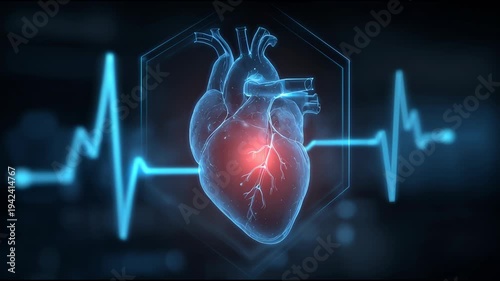 Futuristic 3D medical animation of a glowing human heart with a red pulsating area and blue heart rate pulse line symbolizing cardiology health and diagnostic technology.