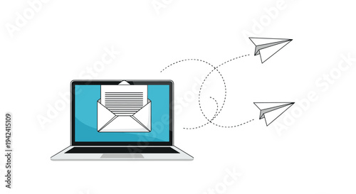 Electronic communication concept with a laptop showing an open envelope and paper planes flying out representing sent emails.