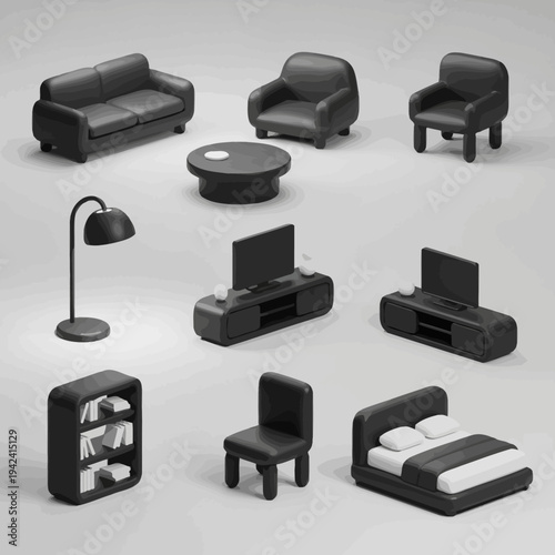 Collection of Miniature Black Furniture Pieces for Dollhouse or Architectural Models.