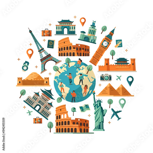 Global Travel Destinations Collage: Landmarks, Globe, People, and Icons
