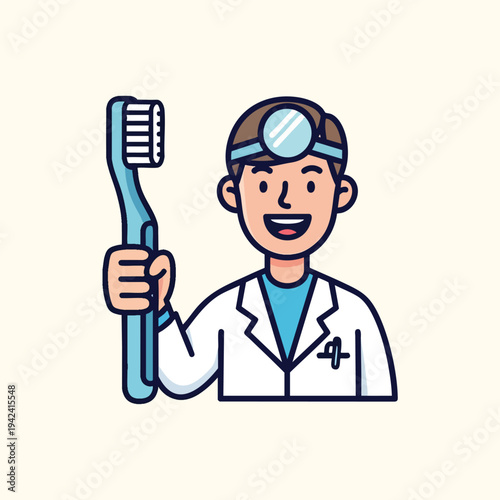A smiling person in a lab coat, holding a large toothbrush with blue bristles. A head mirror is worn. Simple illustration