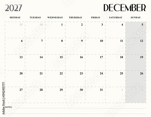 December 2027 Minimal Monthly Calendar – Monday Start Printable Office Planner Template With Notes