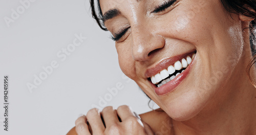 Skincare, space or person in studio with smooth skin, shine or glow in facial care. Wellness, smile or woman on white background with confidence, dermatology or natural cosmetics for soft touch.