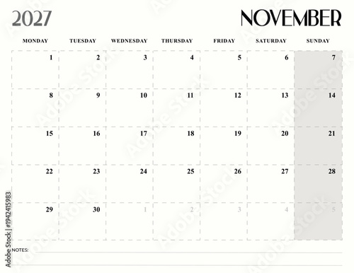 November 2027 Minimal Monthly Calendar Vector Template – Monday Start Office Planner With Notes