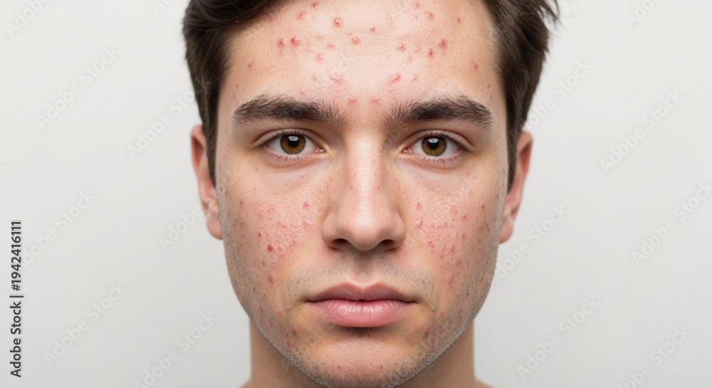 Naklejka premium Portrait of young man with acne and problem skin. Close-up of male face with pimples and blemishes. Dermatology and skincare concept