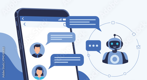Modern customer support concept showing a smartphone with a chat interface and a friendly robot assistant for user help.