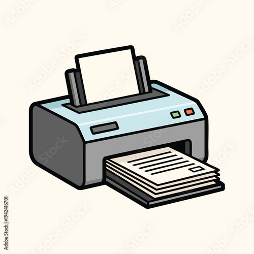 A cartoon illustration of a printer. It depicts a blue and gray device with a blank paper in it and a stack of printed papers