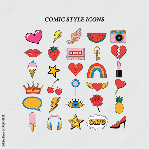 Set of retro comic style pop art icons, colorful vector patches and stickers
