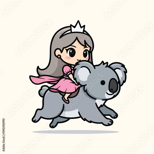 A cartoon princess wearing a crown rides on the back of a cartoon koala, both with smiles. The scene is drawn on a cream colored background