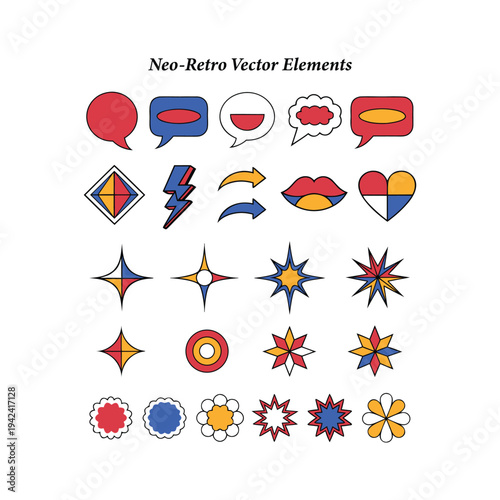 Neo-Retro Vector Design Elements: Geometric Stars, Speech Bubbles, and Pop Art Icons in Primary Colors