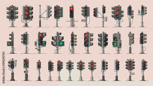 A comprehensive collection of various traffic light designs and signals.