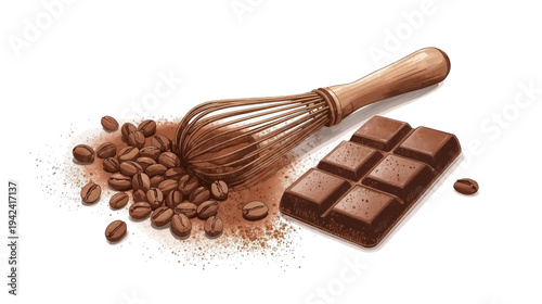 An artistic still life featuring coffee beans, ground coffee, a whisk, and a chocolate bar on a white background.