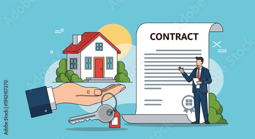 Real estate transaction concept with a hand holding house keys next to a home, a contract, and a professional agent.