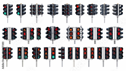 A collection of various traffic lights showing different signal states and perspectives on a white background, highlighting road safety and control.