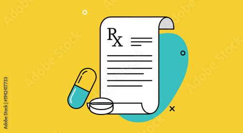Medical pharmacy concept showing a prescription document with a blue capsule and white pill on a bright yellow background.