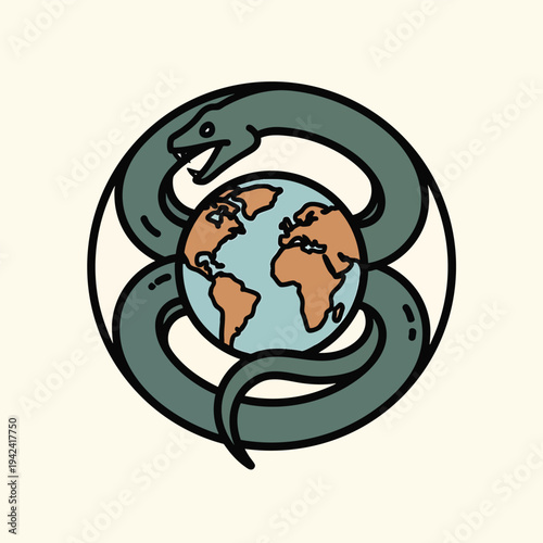 A stylized illustration features a snake coiled around a globe, in a graphic design. The snake has a fierce open mouth, creating a dynamic visual