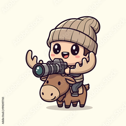 A smiling character with large eyes, wearing a beanie, holds a camera while riding an adorable brown moose. The background is a soft beige color