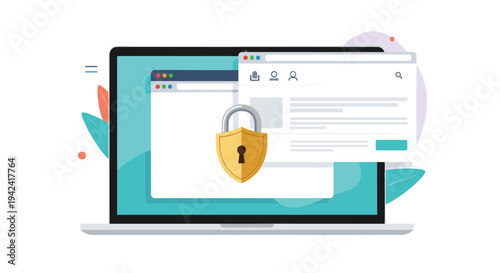 Internet data protection concept showing a laptop screen with browser windows and a golden shield with a secure padlock.