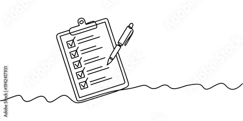Continuous one line drawing of clipboard and pen design. clipboard with Good Marks with pass direction with tick mark. correction of error.. On white background.