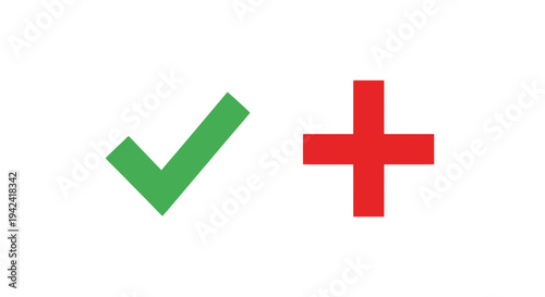 Green check mark and red plus sign isolated on white background