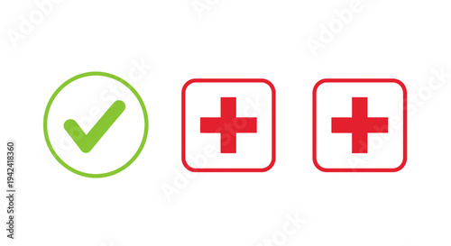 Green check mark and red plus signs on white background for symbols