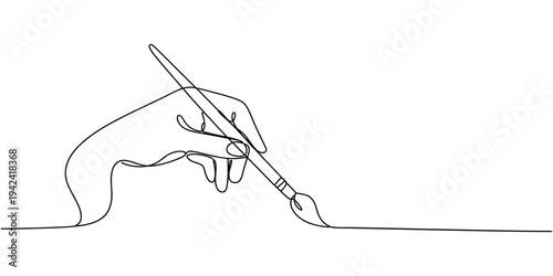 Continuous one line drawing of a human hand holding a paintbrush creating a wavy stroke minimalist black outline vector illustration.