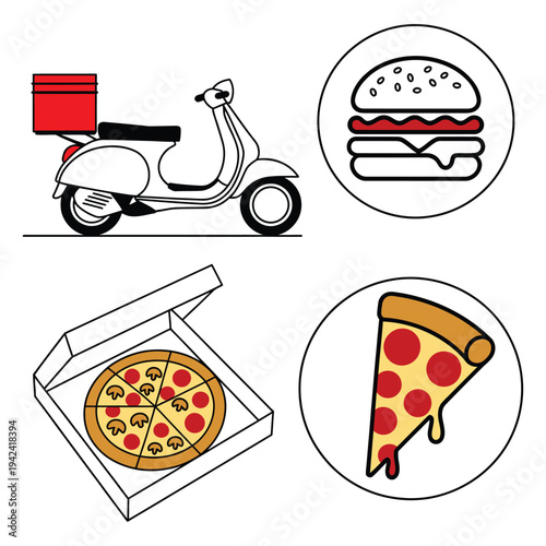Fast food delivery scooter with pizza, burger, and cutlery icons for online ordering and takeout services, illustrating food delivery