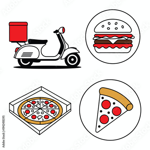 Fast food delivery scooter with pizza, burger, and cutlery icons for online ordering and takeout services