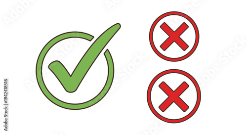 Green check mark and red x symbols for choices and decisions on white