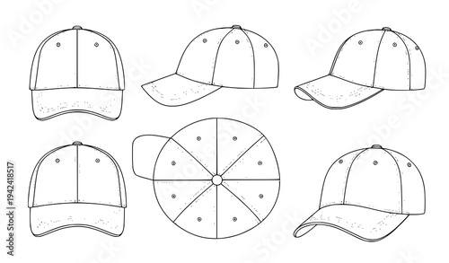 Baseball cap outline vector template with front side top and perspective views minimal apparel design mockup isolated on white background
