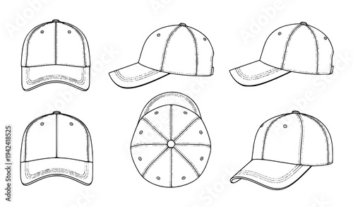 Minimal baseball cap technical outline vector set with front side top and perspective views apparel template isolated on white