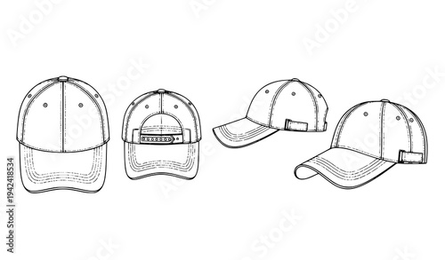 Baseball cap technical flat outline vector with multiple views apparel design template isolated on white background