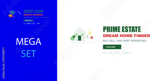 Smart learning digital academy and prime estate dream home finder. Online services concept design.