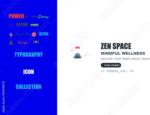UI UX design showcasing wellness app elements, fitness icons, and modern typography for digital projects.